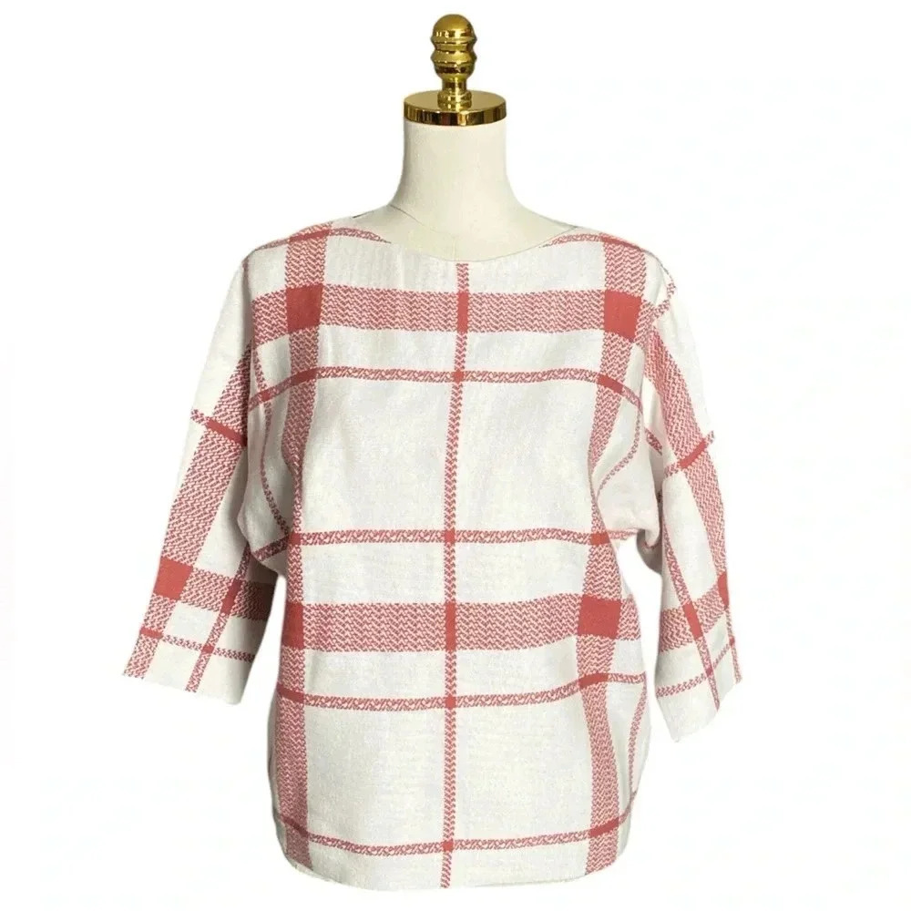 SIONI | Women’s Gingham Plaid Boatneck Batwing 3/4 Sleeves Pullover Sweater Sz M